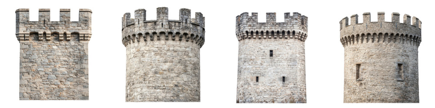 A collection of sturdy stone built medieval castle towers with crenelated parapets battlements and turrets showcasing the impressive fortification architecture of the past