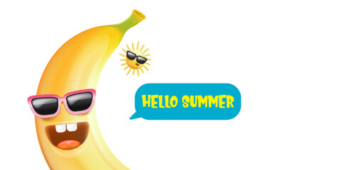 Hello Summer Banana Vector Funny Cartoon with Sunglasses and Speech Bubble, Bright Seasonal Design for Summer Celebrations and Tropical Themes