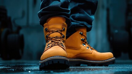 A person wearing a pair of bright yellow boots, likely used for outdoor activities such as hiking or gardening