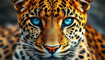 Obraz premium A Majestic Close-Up Portrait of a Wild Cat with Strikingly Vibrant Blue Eyes and Intricate Spots