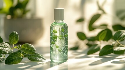 A bottle of shimmering green liquid serum, its surface adorned with delicate green leaves, lay on a pristine white surface, exuding an aura of natural beauty and tranquility.