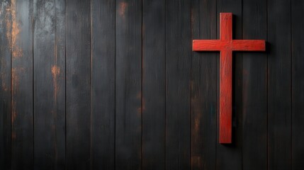 This striking image displays a bold red wooden cross against a dark, rustic wooden background, symbolizing faith and spirituality in a contemporary style.