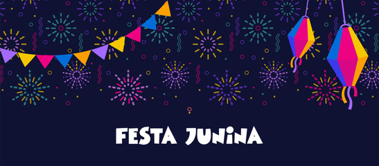 Festa junina poster . Summer brazilian carnival banner with icons of music, lanterns, flowers, hats and flags. june festival in Brazil, vector illustration