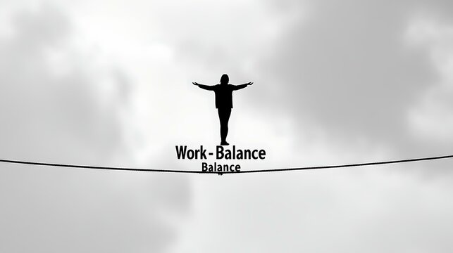 A simple black and white illustration of a person balancing on a tightrope labeled "Work-Life Balance"