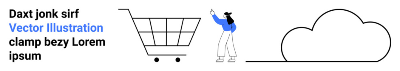 Woman gesturing towards a shopping cart and a cloud shape. Ideal for e-commerce, online storage, technology, retail, minimalism, business, simple landing page