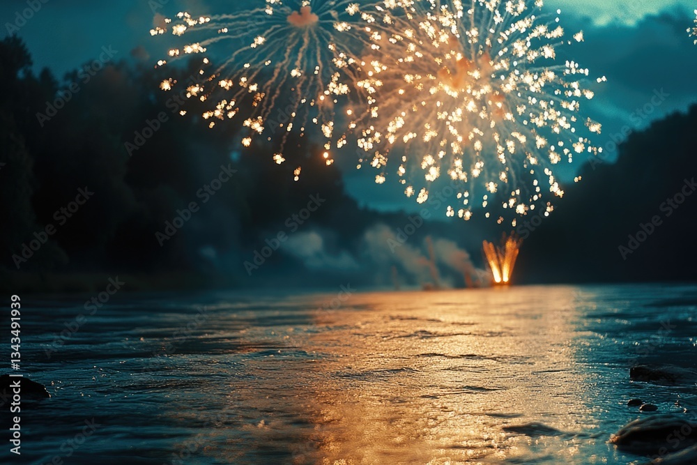 Canvas Prints explosive firework display above calm sea or lake