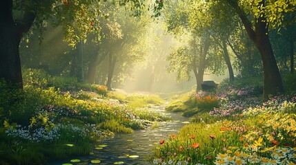 Fototapeta premium A perspective from the forest floor, highlighting the delicate flowers and lush grass, surrounded by the towering trees and dappled sunlight filtering through the canopy