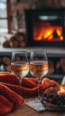 Two glasses of sparkling wine on a cozy table with a warm knitted blanket by the fireplace in a rustic setting