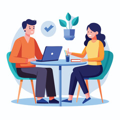 Partners meeting for business discussion with documents and laptop on desk. Couple at round table, speaking, discussing work, partnership. Flat vector illustration isolated on white background