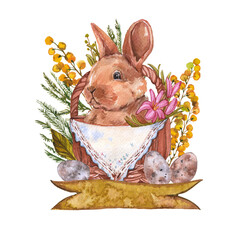 Cute easter bunny with an egg. Hand-drawn watercolor