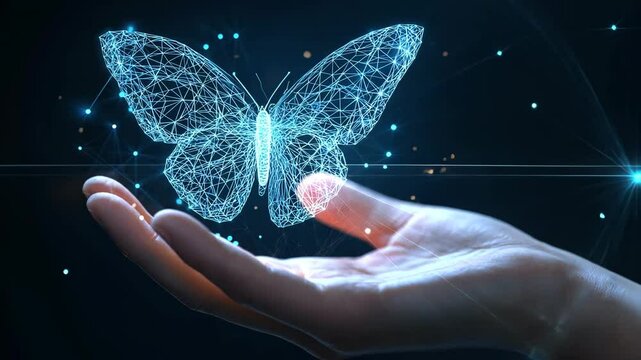 human hold palm butterfly hologram digital low poly wireframe ai generated video concept