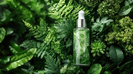 A delicate bottle of cosmetic serum, its label adorned with a subtle pattern of green leaves, nestled amidst a lush bed of vibrant greenery, a symbol of natural beauty and rejuvenation.
