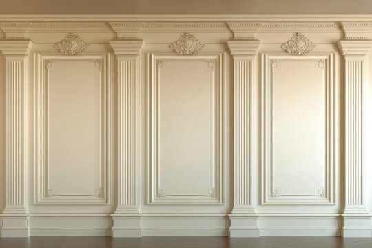 Decorative interior wall panel with architectural molding elements is shown