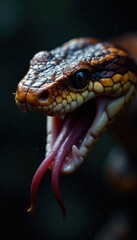 Obraz premium Narrow gazed viper with forked tongue exposed , viper snake closeup, snake species, venomous snakes