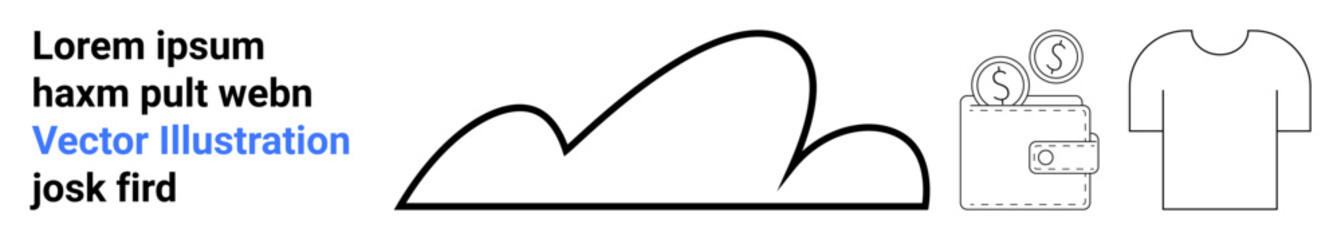 Cloud outline, wallet with coins, and a plain T-shirt represent online storage, finance, and retail. Ideal for technology, e-commerce, digital payment, personal finance online shopping storage