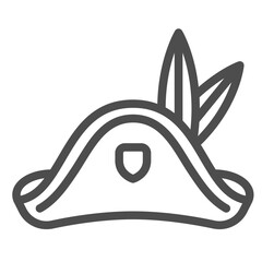 Pirate hat with feather line icon, sea sailor headwear concept. Vector graphics. Bandit man cap sign on white background, outline style icon for mobile or web design.