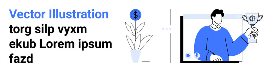 Man celebrating success with trophy in hand near financial icon and plant. Ideal for success, motivation, business growth, finance, achievements, leadership, simple landing page