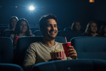 Smiling man drinking soda and eating popcorn while watching movie in theater