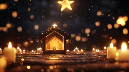 A serene Christmas nativity worship scene with glowing details