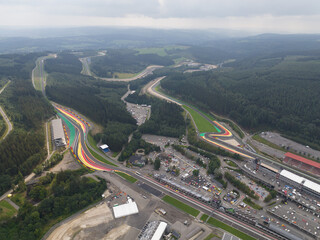 aerial drone video Circuit de Spa Francorchamps, race track circuit in the Belgium ardennes,...