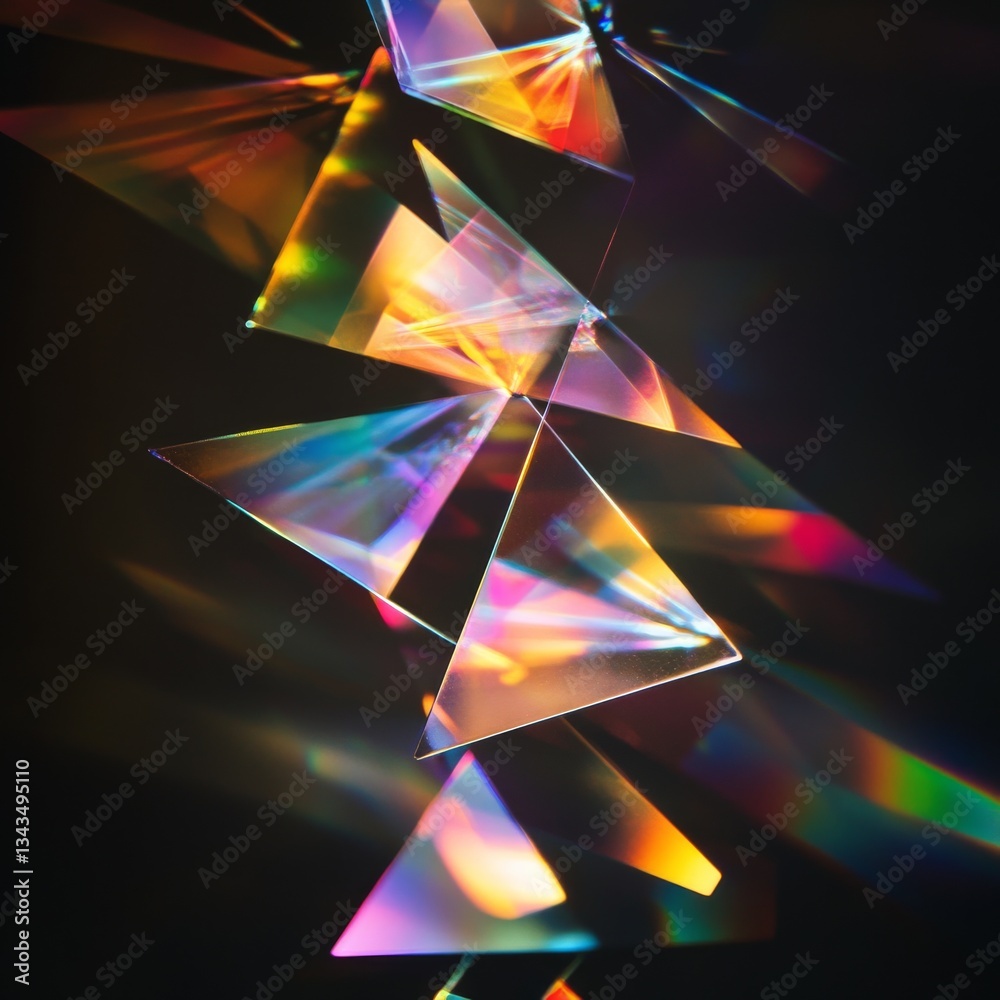 Poster Iridescent Triangles: A Kaleidoscope of Light and Color through Geometric Prisms on a Dark Backdrop