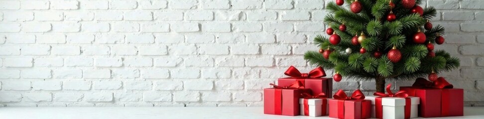Ornate Christmas tree nestled among gift boxes on a rustic white brick wall, cozy atmosphere, seasonal decor