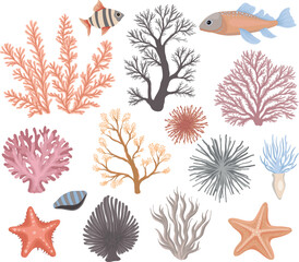 A vector illustration showcasing a collection of colorful coral, sea plants, fish, starfish, and marine elements in a detailed and artistic underwater theme