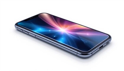 A smartphone lying flat on a white surface displaying a colorful abstract wallpaper design on the screenAi generated