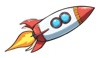 Cartoon rocket ship with flames and two round windows on a white background illustrationAi generated