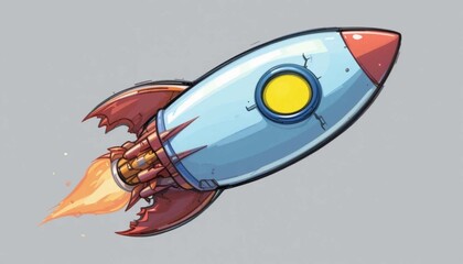 A cartoon rocket ship with flames and a red nose cone on a gray background in the skyAi generated