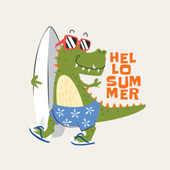 Cute crocodile on vacation with surfing board and hello summer text vector illustration for kindergarten background, kids poster decoration, book cover, apparel and others