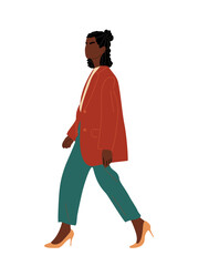 Vector illustration of a stylish young Black woman walking in a smart casual office outfit, red jacket, green pants, and orange high heels. Full length side view, perfect for fashion, business themes