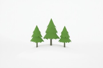 Fototapeta premium Three stylized pine trees on a plain white background. Simple, low-poly design