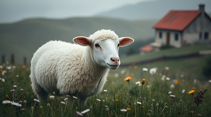 Obraz premium Tranquil rural landscape featuring a sheep, wildflowers, and a traditional house in sunny weather