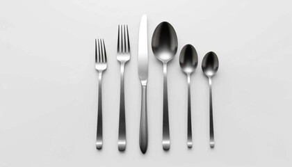 A minimalist arrangement of forks knife and spoons on a plain white surface top view studio shotAi generated