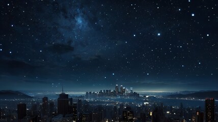 Tranquil starry night with a vast sky full of stars illuminating a peaceful cityscape below