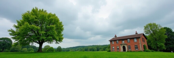 Fototapeta premium Overcast sky with a few trees and a brick building in the background, architecture, outdoor