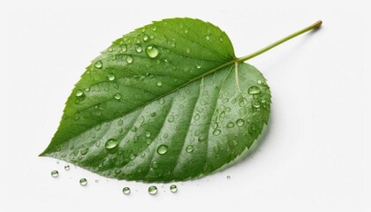 A single green leaf covered in water droplets isolated on a white background with a stem attachedAi generated