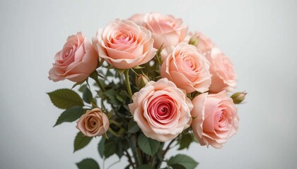 A bouquet of light pink roses with green leaves against a plain white background in soft lightingAi generated