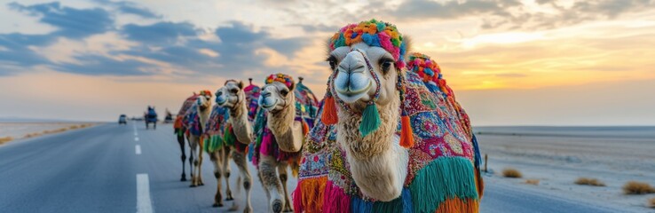 A group of camels dressed in colorful traditional , walking along the road . The camels' fur is adorned with vibrant tassels and beads, creating an enchanting 
