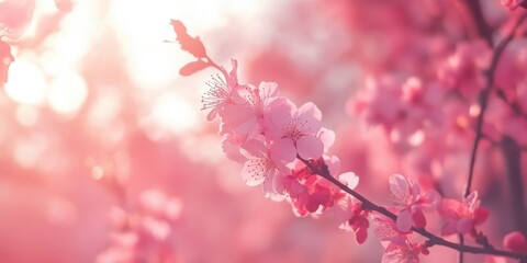 Obraz premium Delicate pink flowering tree branch illuminated with soft warm sunlight