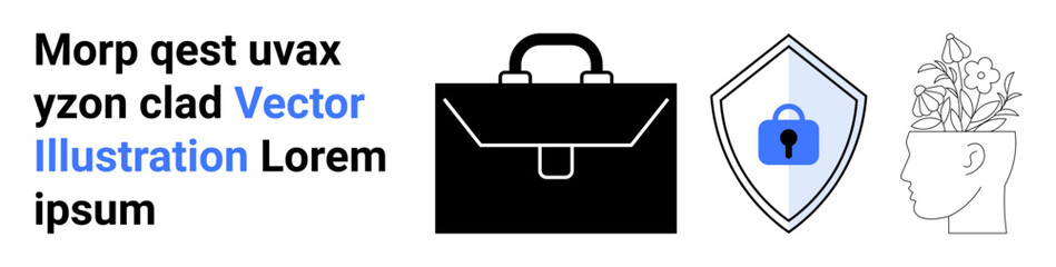 Black briefcase, shield with lock symbol for security, human profile outline with plant symbolizing ideas. Ideal for business, safety, creativity, brainstorming, professionalism, growth flat landing