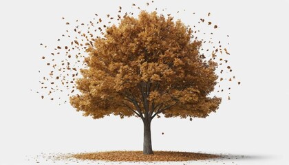 A single tree with brown leaves and falling leaves on a white background in autumn seasonAi generated