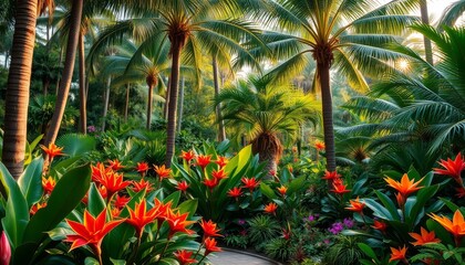 Lush Tropical Paradise Vibrant Orange Flowers Blossom Amidst Towering Palm Trees and Abundant Greenery, Creating a Serene and Picturesque Garden Scene