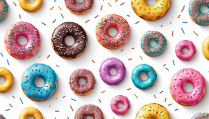 A delightful assortment of colorful donuts with sprinkles on a clean white background pattern designAi generated