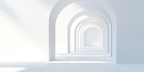 Fototapeta premium A minimalist 3D background displaying an elegantly curved glass archway casting soft shadows on a pristine white floor. The clean, futuristic design enhances the modern, sleek aesthetic perfect for