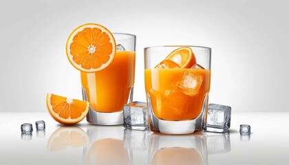 Two glasses of orange juice with ice cubes and orange slices on a white reflective surfaceAi generated