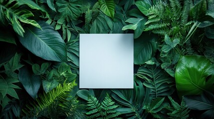 A vibrant tapestry of verdant foliage, a blank canvas for creativity, awaits a message on a crisp white paper card.