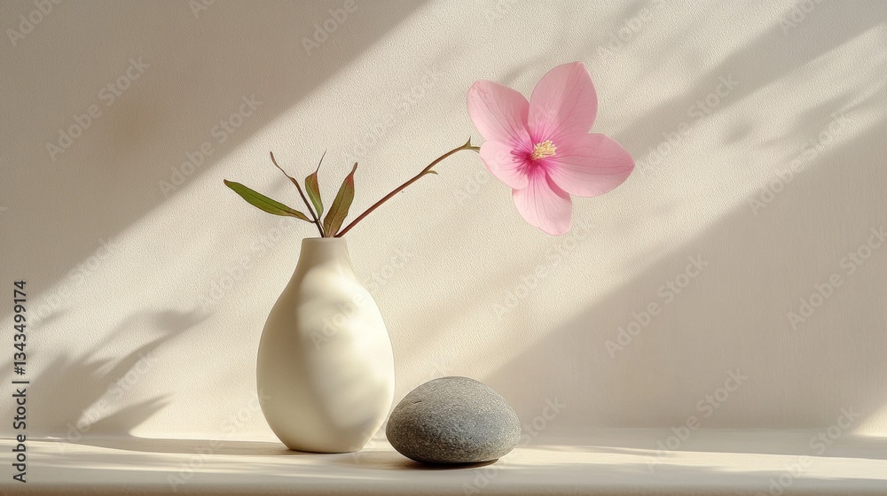 Poster a delicate pink flower extends from a minimalist vase, resting gently on a wooden surface beside a s
