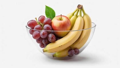A glass bowl filled with bananas red grapes and a red apple on a white background studio shot viewAi generated